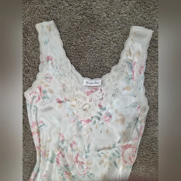 Vintage Christian Dior Satin Floral Nightgown Lace Trim L 70s/80s ILGWU - Picture 5 of 7